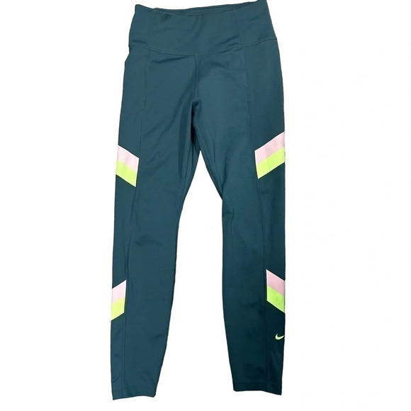 Nike One Women's Small Mid Rise 7/8 Colorblock Leggings‎ Teal/Safety Yellow/Pink - Picture 1 of 8